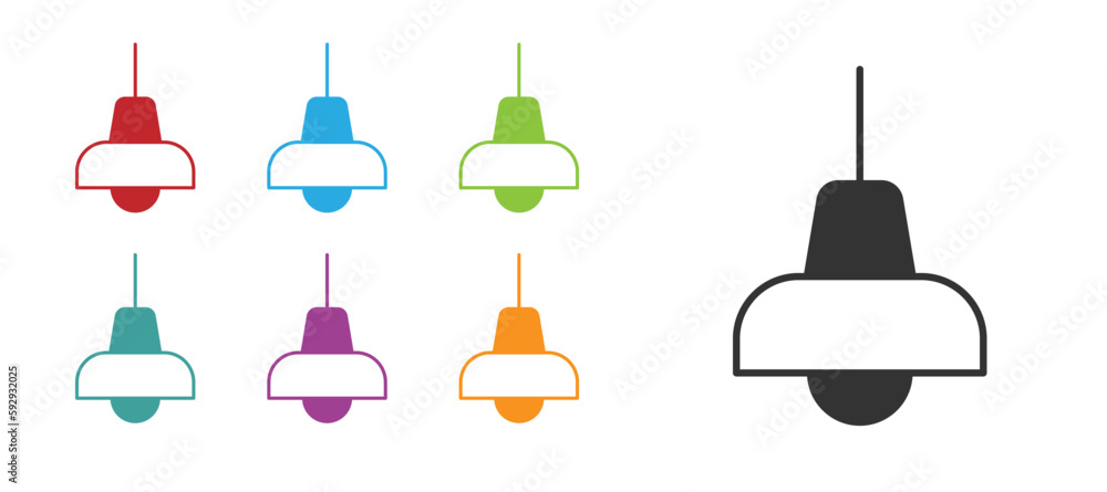 Poster Black Lamp hanging icon isolated on white background. Ceiling lamp light bulb. Set icons colorful. Vector