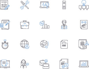 Analytics outline icons collection. Analysis, Trends, Data, Insights, Metrics, Surveys, KPIs vector and illustration concept set. Forecasts, Modeling, Reports linear signs