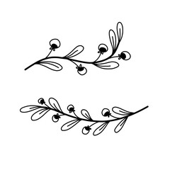 Doodle set, minimalistic graceful twigs with leaves, hand drawing, outline