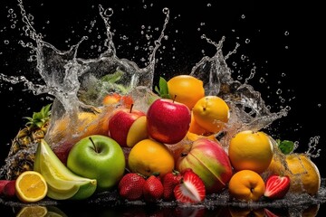 Fototapeta na wymiar Fruit slices splashing into water - generative ai
