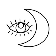 All seeing magical eye with a crescent moon. Doodle vector illustration, clipart.