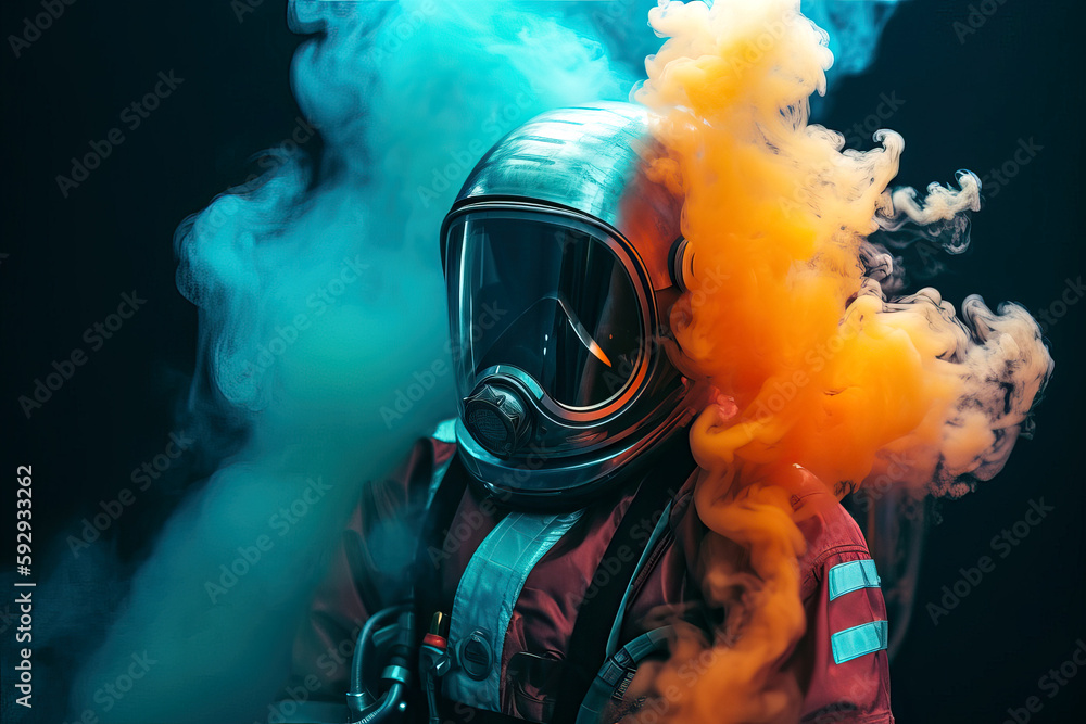 Poster astronaut in space helmet in the middle of multicolored smoke illustration - generative ai