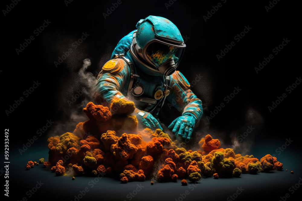 Aufkleber astronaut in space helmet in the middle of multicolored smoke illustration - generative ai
