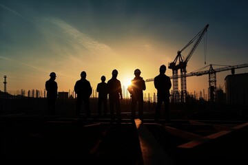 Silhouette of engineers and construction team working next to an industrial structure - generative ai