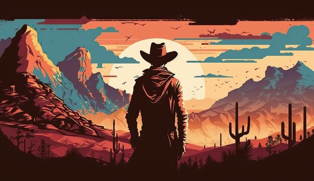 AI Generated. AI Generative. Western native american landscape with lonely cowboy and desrt rocks. Wild west. Graphic Art Illustration.