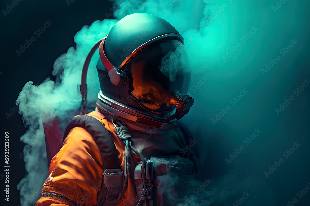 Poster astronaut in space helmet in the middle of multicolored smoke illustration - generative ai