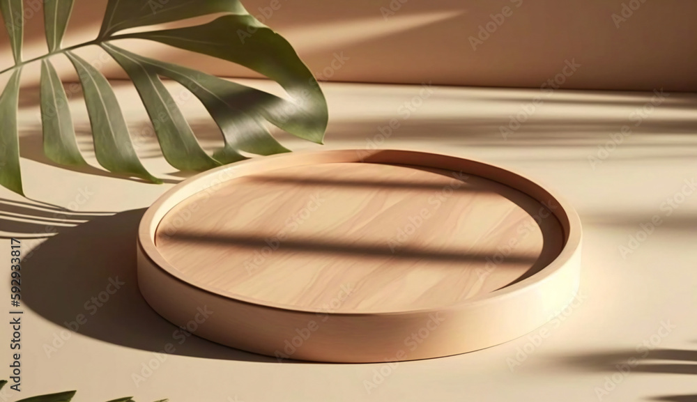 Poster podium template with foliage drop shadow for product. beauty mockup with empty tray presentation. ge