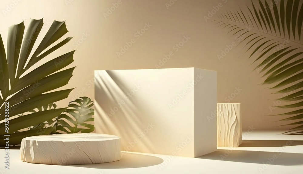 Poster podium template with foliage drop shadow for product. beauty mockup with empty tray presentation. ge