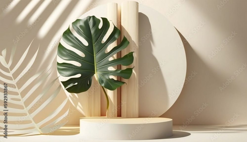 Poster podium template with foliage drop shadow for product. beauty mockup with empty tray presentation. ge