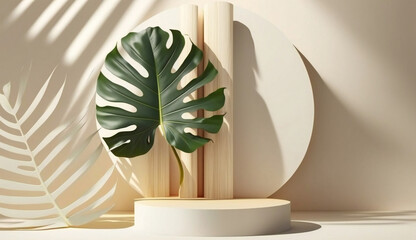 Podium template with foliage drop shadow for product. Beauty mockup with empty tray presentation. Generative AI.