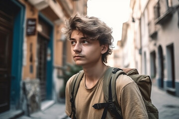 Fototapeta premium young adult man travels with a backpack through an old town on a narrow side street, fictional place. Generative AI