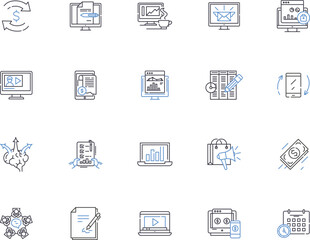 Business startup outline icons collection. Entrepreneur, Investment, Plan, Market, Management, Growth, Customers vector and illustration concept set. Advertising, Profitability, Financing linear signs
