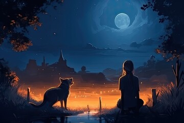 Fototapeta na wymiar Young woman with her dog looking at the huge full moon on a beautiful night, anime, fantasy - generative ai 