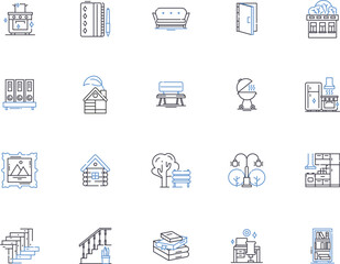 Living at home outline icons collection. Dwell, Reside, Abide, Occupy, Co-habit, Inn, Household vector and illustration concept set. Home, Surviving, Lounging linear signs