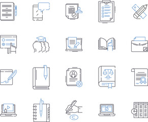 distance learning outline icons collection. Distance, Learning, Online, Education, Virtual, Course, Program vector and illustration concept set. Class, Web-based, eLearning linear signs