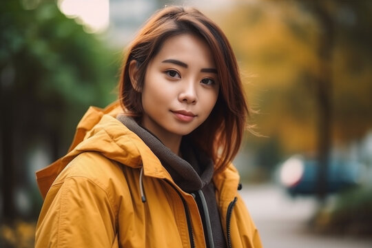 young adult woman with rain jacket in nice autumn weather with sunshine. Generative AI