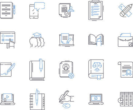 distance learning outline icons collection. Distance, Learning, Online, Education, Virtual, Course, Program vector and illustration concept set. Class, Web-based, eLearning linear signs