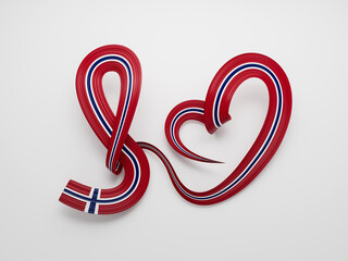 3d Flag Of Norway, Heart Shaped Wavy Awareness Ribbon flag On White Background, 3d illustration