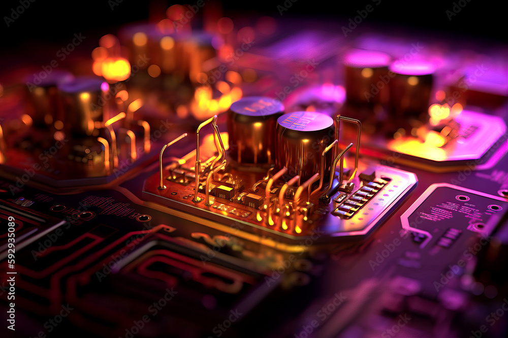 Poster hyper realistic close up of glowing computer circuit board in 3d - generative ai