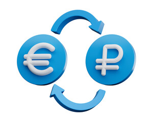 3d White Euro And Ruble Symbol On Rounded Blue Icons With Money Exchange Arrows, 3d illustration