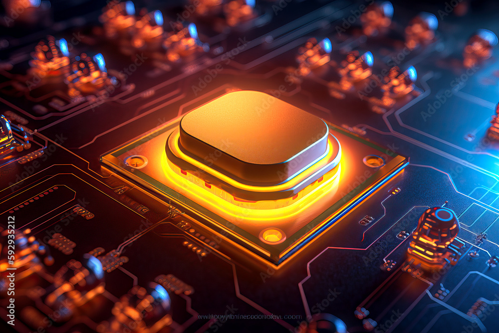 Poster hyper realistic close up of glowing computer circuit board in 3d - generative ai