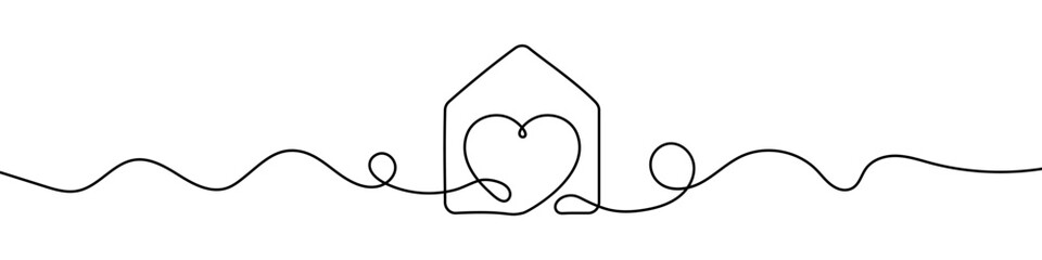 House sign in continuous line drawing style. Line art of house icon and heart shape. Vector illustration. Abstract background