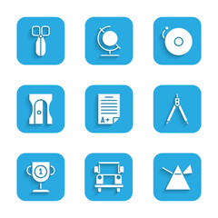 Set Exam sheet with A plus grade, School Bus, Light rays in prism, Drawing compass, Award cup, Pencil sharpener, Ringing alarm bell and Scissors icon. Vector