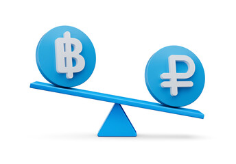 3d White Baht And Ruble Symbol On Rounded Blue Icons With 3d Balance Weight Seesaw, 3d illustration