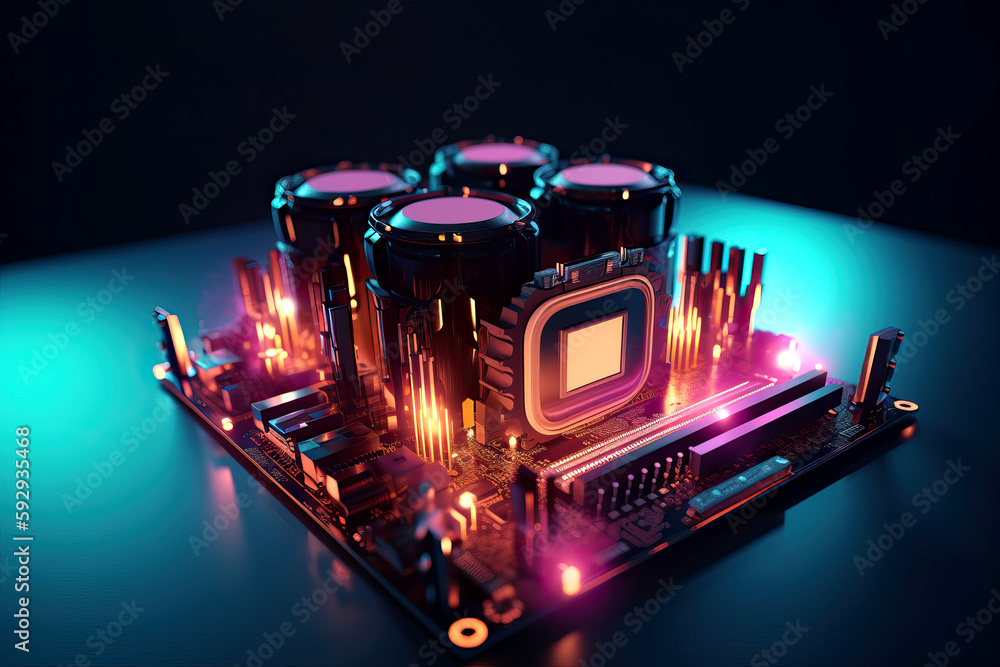Poster close up of an electrical circuit board with a cpu, a microchip, and other electronic components in 