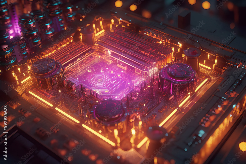 Poster close up of an electrical circuit board with a cpu, a microchip, and other electronic components in 