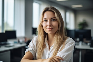 confident woman in an office, working or self-employment. Generative AI