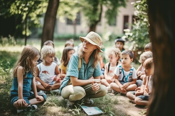 a preschool teacher with young young children outdoors in nature, leisure activities or school class. Generative AI - obrazy, fototapety, plakaty
