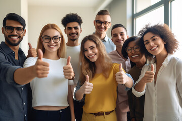 a group of young adult people, group photo with thumbs up. Generative AI