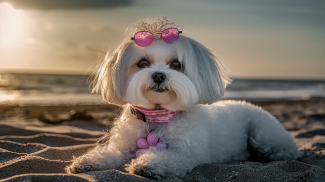  Lindo perrito bichon maltes blanco con gafas rosas en la playa. Ilustraci&oacute;n de IA Generativa 
