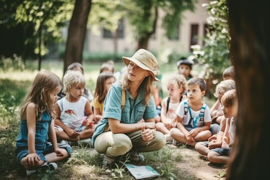 a preschool teacher with young young children outdoors in nature, leisure activities or school class. Generative AI