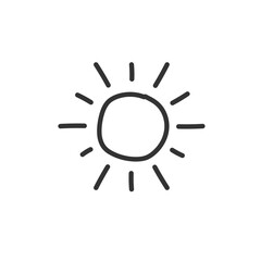 Sun hand drawn icon. Sun line icon. Sunshine vector sign. Sunny symbol. Weather forecast sun sign design. Sunlight with ray pictogram. UX UI icon