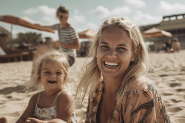 Fototapeta na wymiar woman on the beach with child, mother and daughter at beach restaurant with tourists in the background on the sunny tropical beach. Generative AI