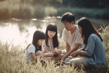 young family enjoying time together, outdoors in nature by a small river. Generative AI