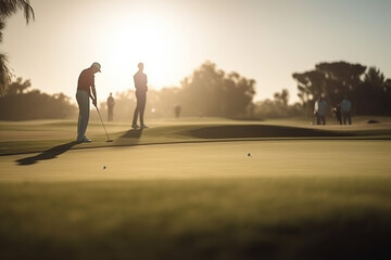 golfers on a large golf course outside in fine weather, golf lessons. Generative AI