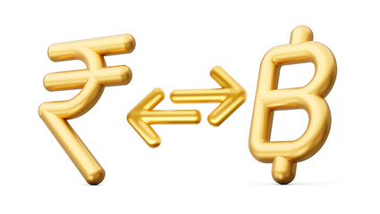 3d Golden Rupee And Baht Symbol Icons With Money Exchange Arrows On White Background 3d illustration