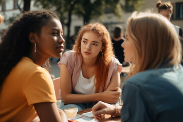 three female students in a group have lunch break outside in front of the university or school building, teenagers or young adults. Generative AI