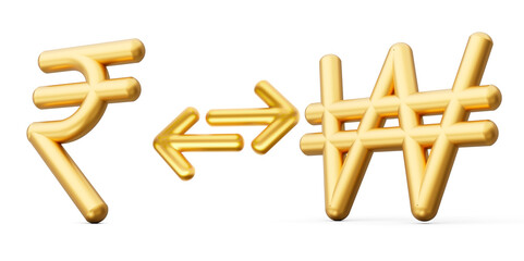3d Golden Rupee And Won Symbol Icons With Money Exchange Arrows On White Background, 3d illustration