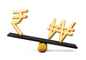 3d Golden Rupee And Won Symbol Icons With 3d Black Balance Weight Seesaw, 3d illustration