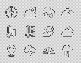 Set line Location cloud, Cloud with rain, Storm, Lightning bolt, Meteorology thermometer, Rainbow and Sun and weather icon. Vector