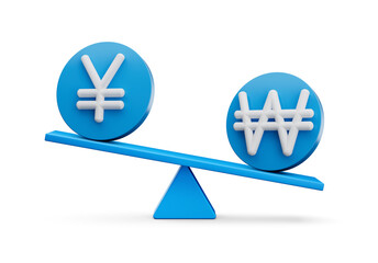 Obraz premium 3d White Yen And Won Symbol On Rounded Blue Icons With 3d Balance Weight Seesaw, 3d illustration
