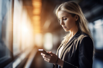 young woman looks at smartphone in modern big office building. Generative AI
