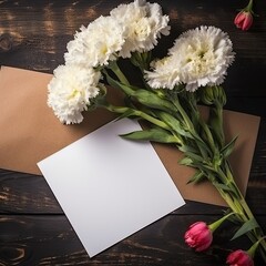 Carnation flower with blank page on Wooden Background with Copy Space for Text 