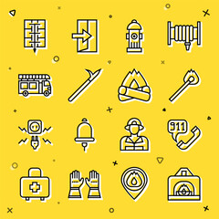 Set line Interior fireplace, Telephone call 911, Burning match with, Fire hydrant, Metal pike pole, truck, Evacuation plan and Campfire icon. Vector
