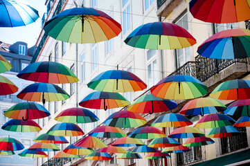 Lisbon Portugal. 8.04.2023.Exhibition of umbrellas in the sun, with LGTB motifs.