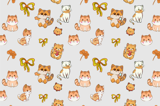 Cute Kawaii Cats or kittens in funny poses vector seamless pattern. Funny cartoon fat cats for print or sticker design. 